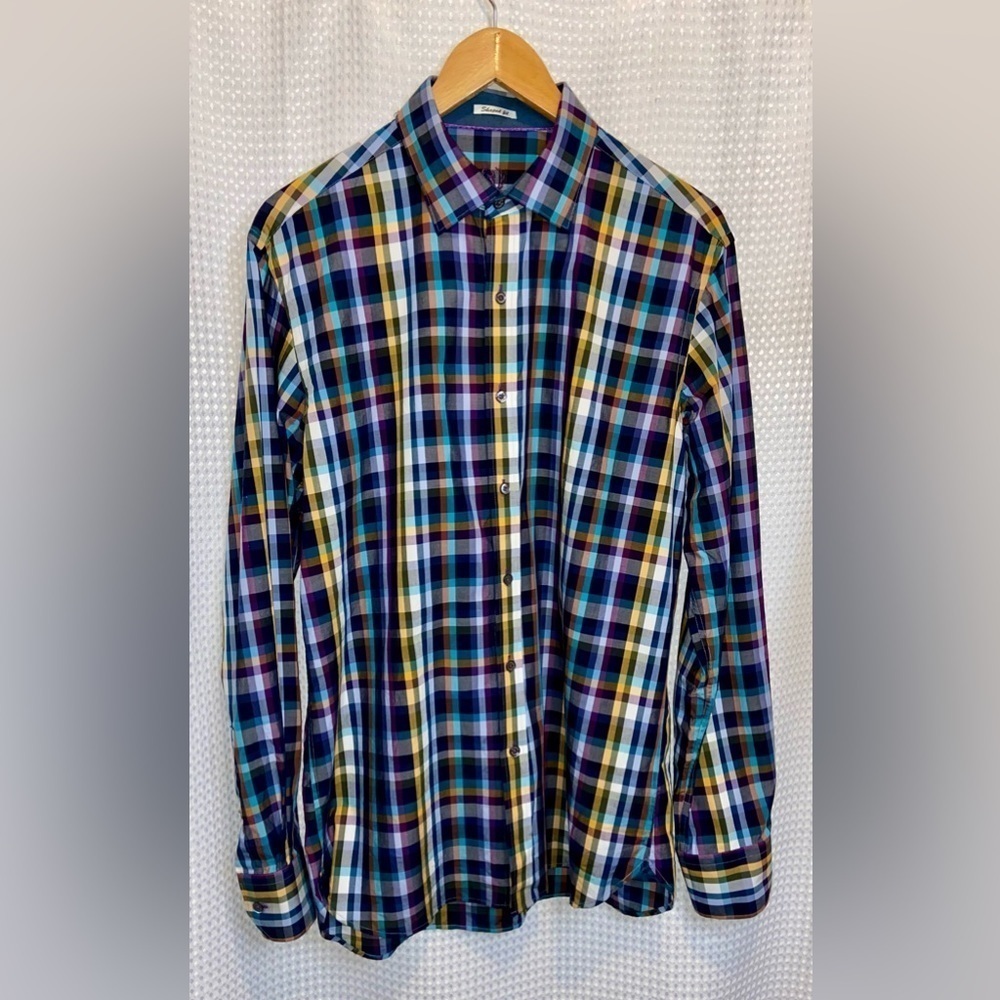 2/60$ Men’s Bugatchi checks plaid cotton long sleeved dress shirt size medium‎
